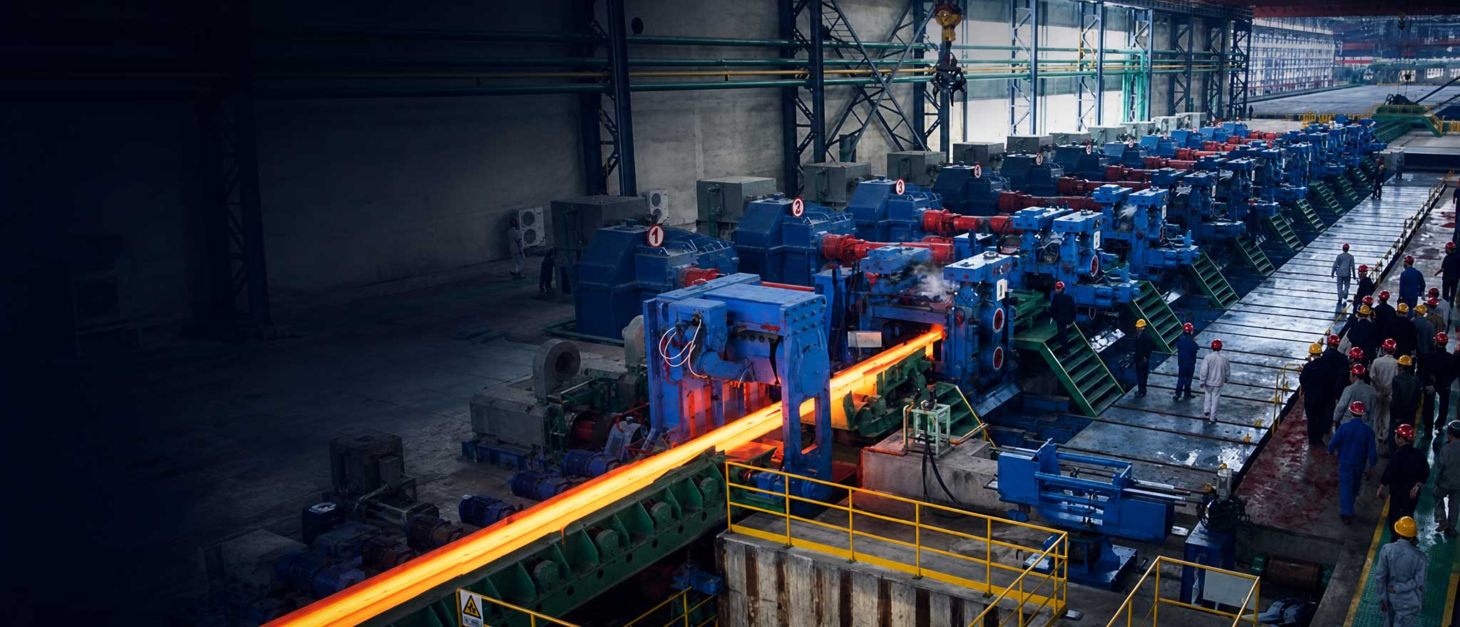 Hot rolling mill production line with red-hot steel